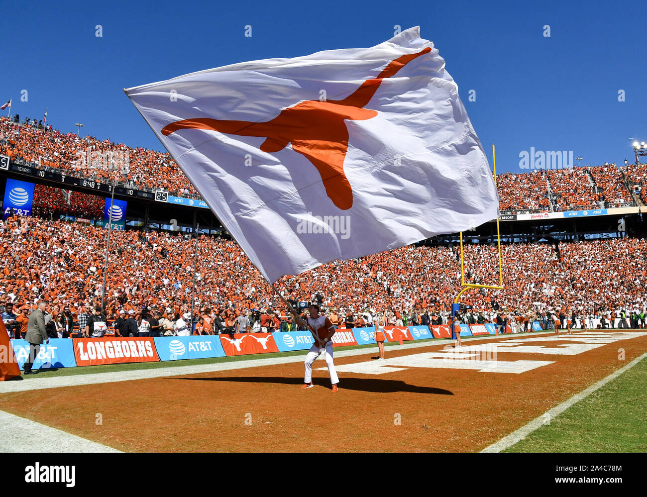 Oct 12, 2019: The Texas flag corps in the endzone after a Texas touchdown  during the NCAA Red River Rivalry game between the University of Oklahoma  Sooners and the University of Texas