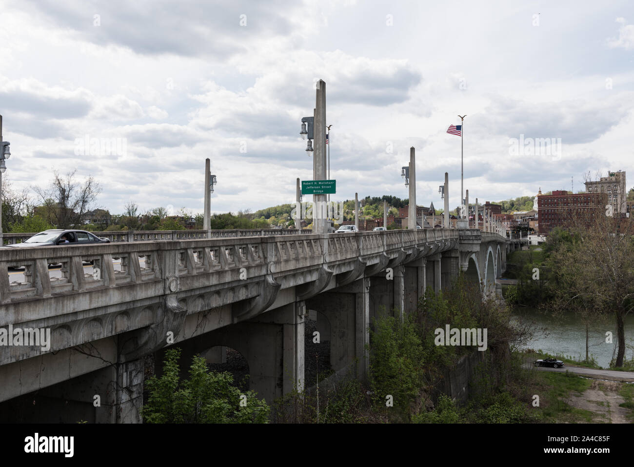The Robert H. Mollohan Bridge, also known as the High-Level Bridge or Million-Dollar Bridge, over the Monongahela River in Fairmont, West Virginia Stock Photo