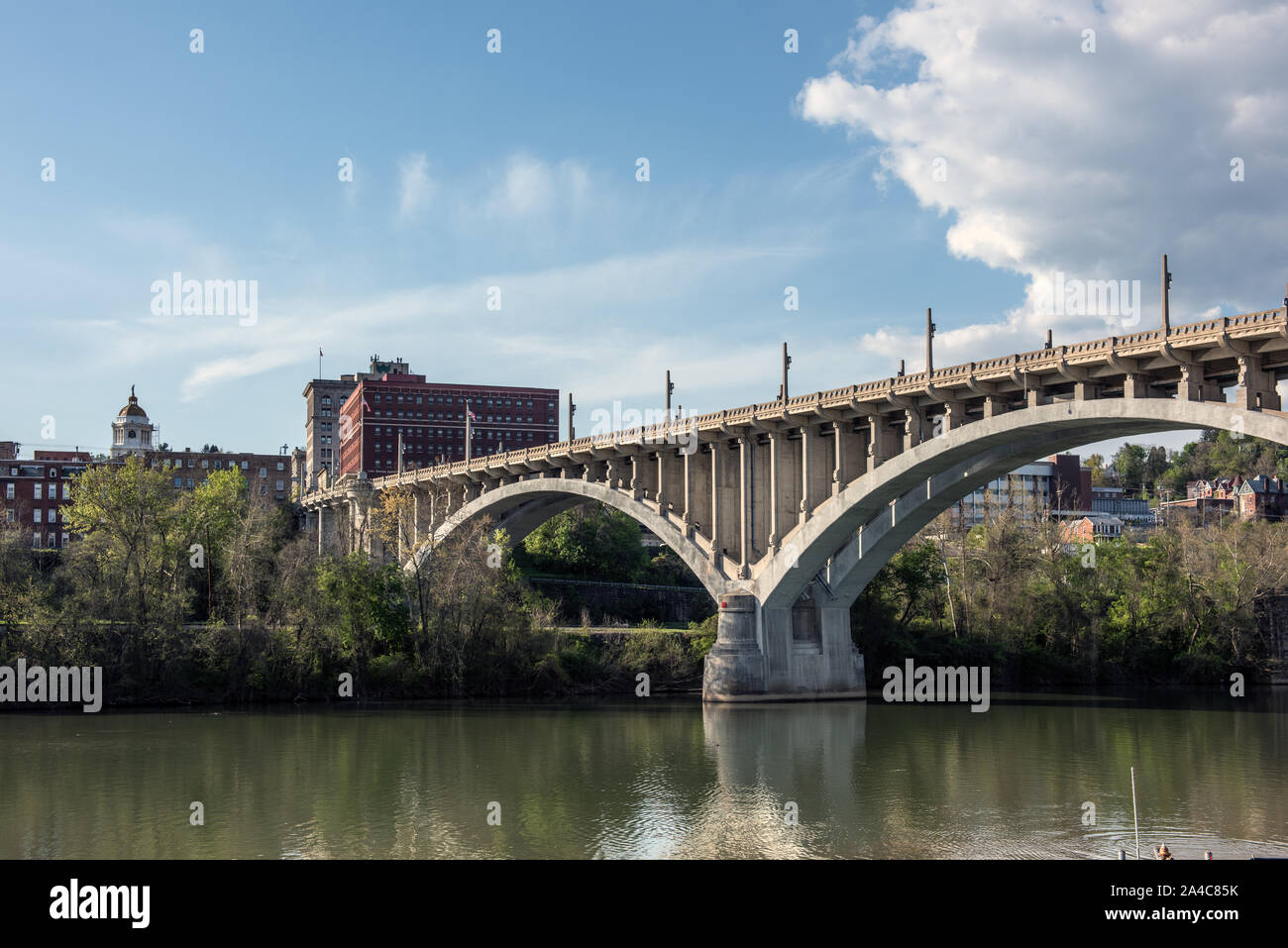 The Robert H. Mollohan Bridge, also known as the High-Level Bridge or Million-Dollar Bridge, over the Monongahela River in Fairmont, West Virginia Stock Photo