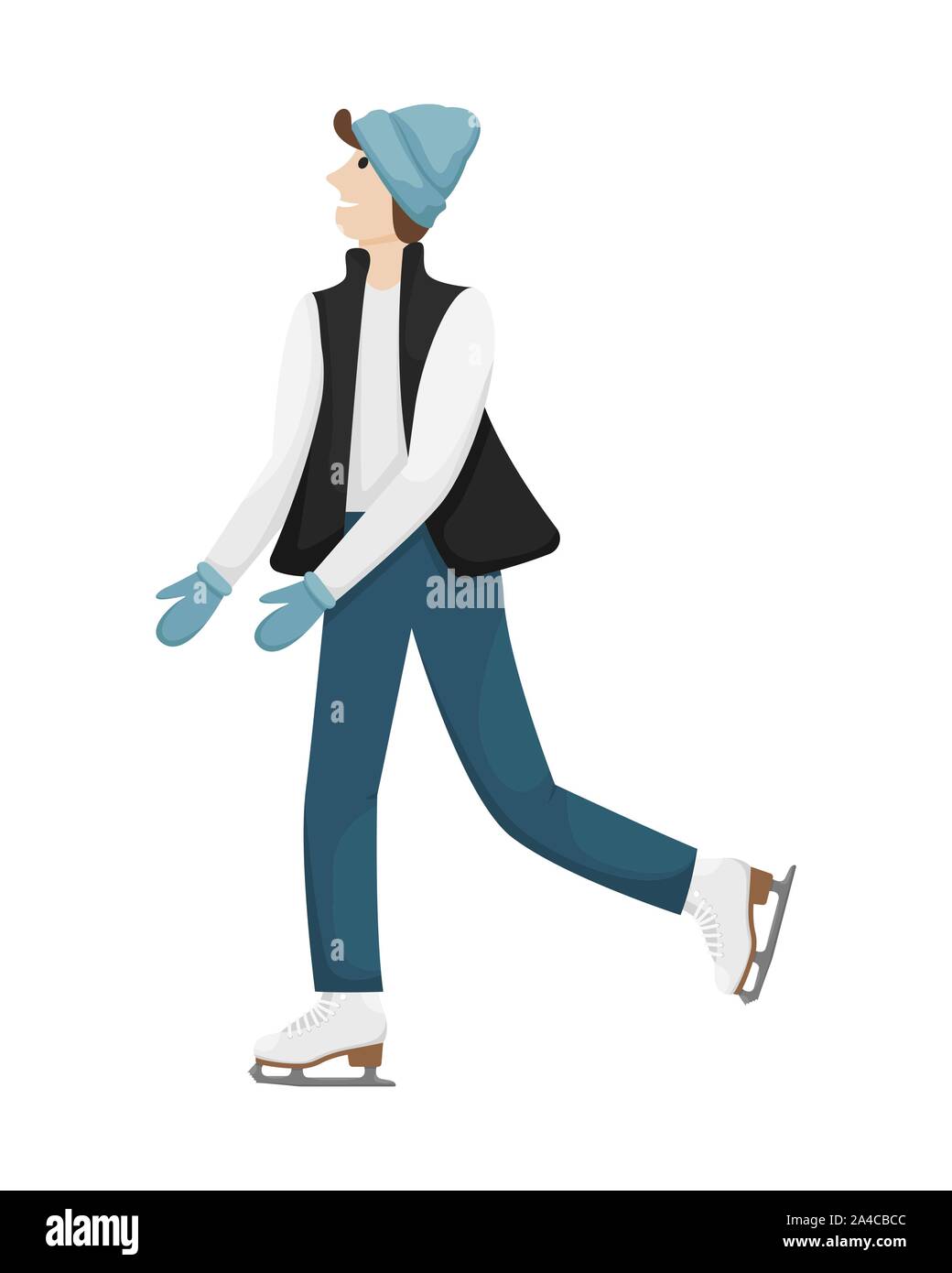 A man in winter clothes and hat skating on the ice. Winter entertainment. Flat vector illustration. Stock Vector
