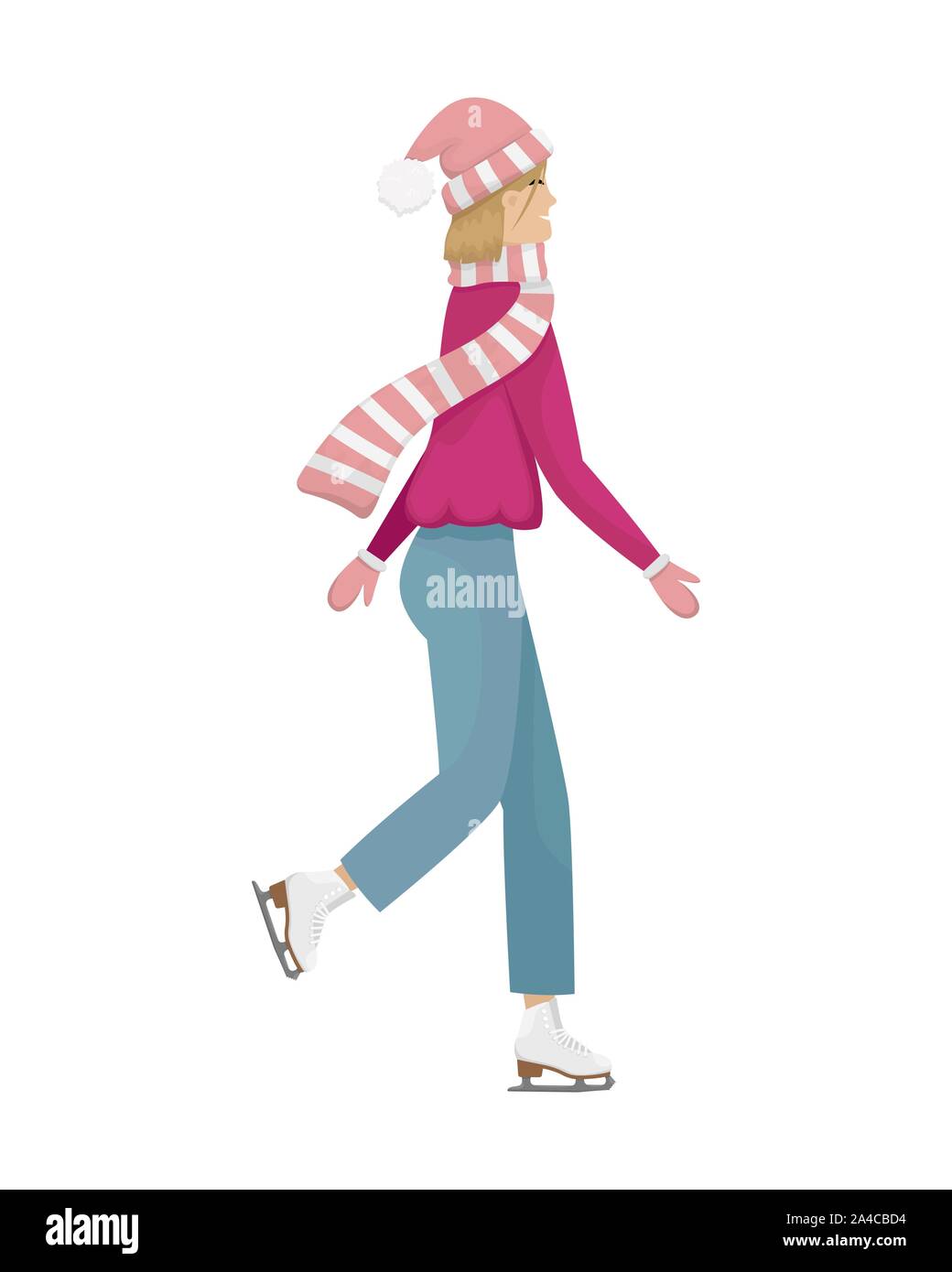 A Girl in winter clothes and hat skating on the ice. Winter entertainment. Flat vector illustration. Stock Vector