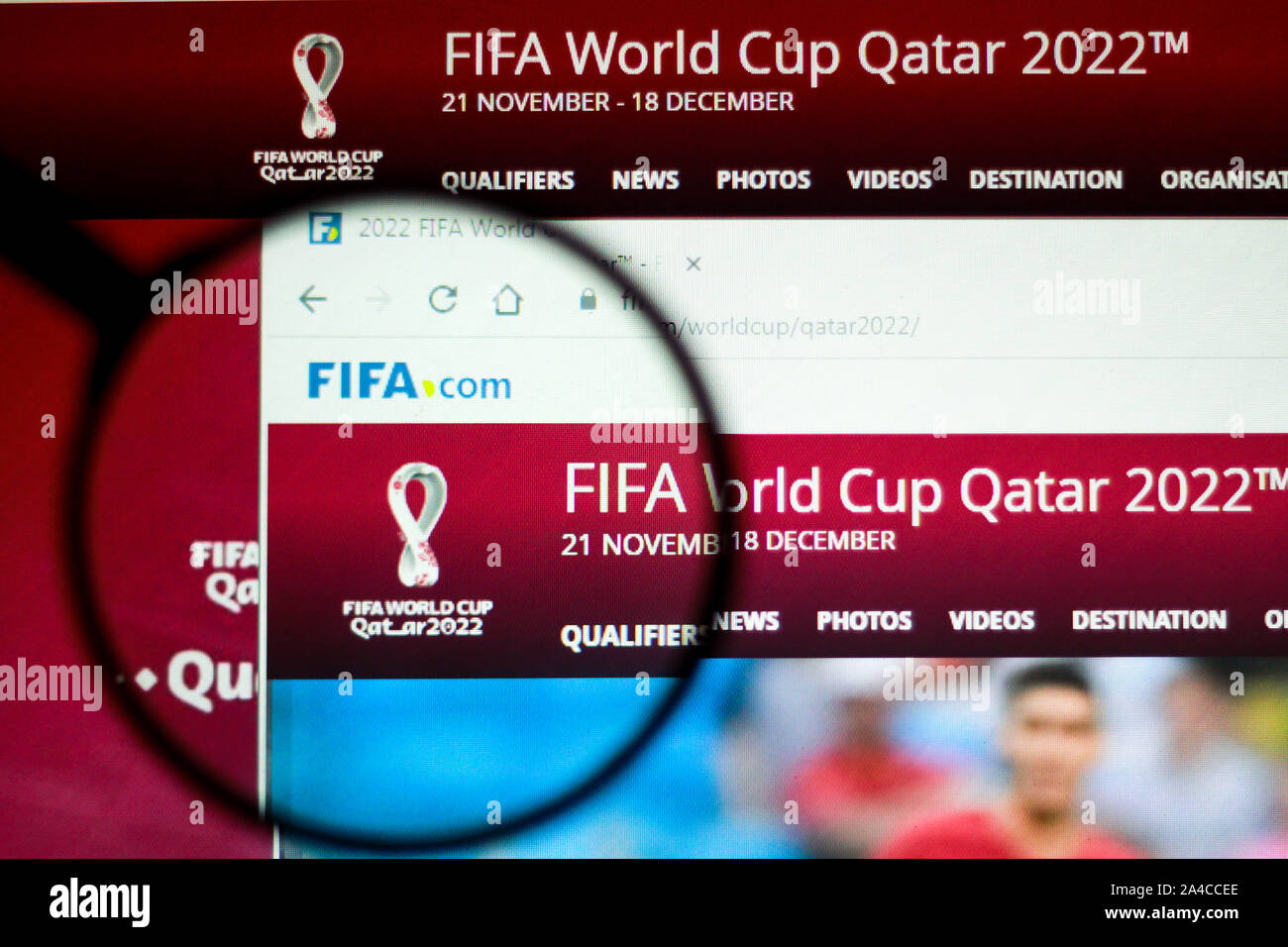 In this photo illustration the homepage of the FIFA World Cup Qatar 2022 website is seen displayed on the computer screen Stock Photo