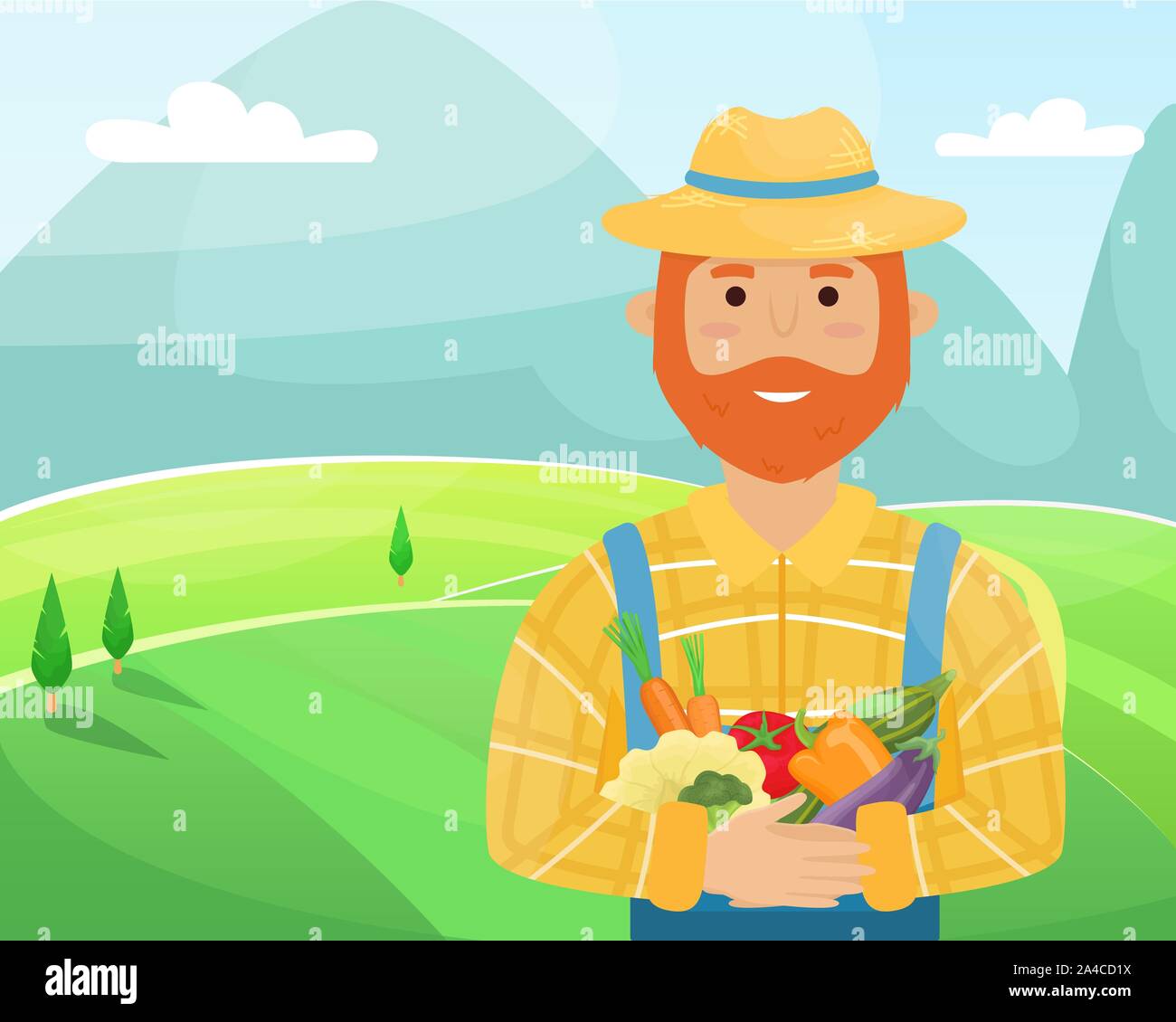A farmer with a red beard in a straw hat, a plaid shirt and a crop in his  hands. Flat vector illustration Stock Vector Image & Art - Alamy