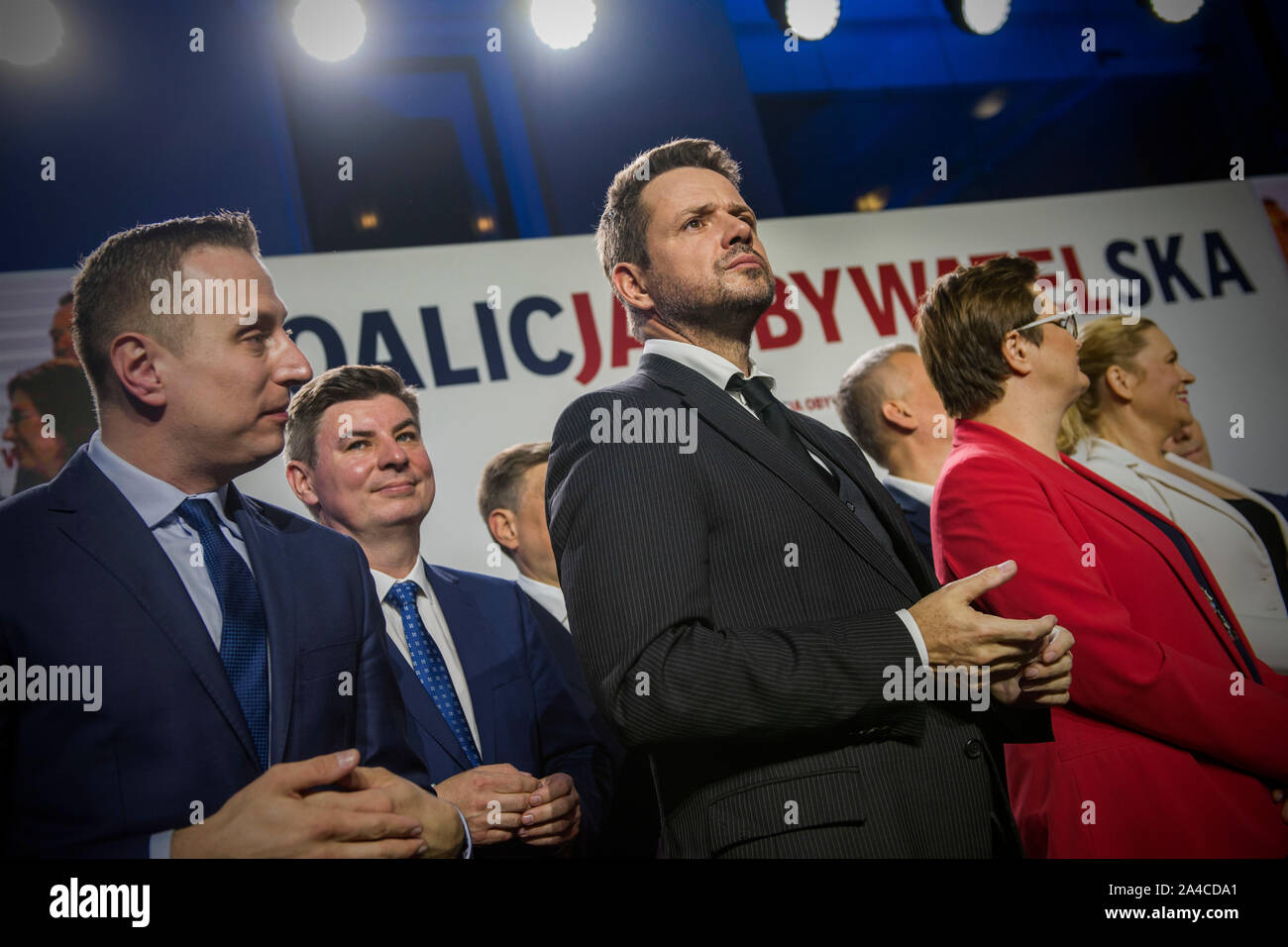 Warsaw, Poland. 13th Oct, 2019. Rafal Trzaskowski, mayor of Warsaw seen during the event.Election night of the Civic Coalition and preliminary announcement of results in parliamentary general election. The Civic Coalition is the biggest opponent of the currently ruling party - PiS. Credit: SOPA Images Limited/Alamy Live News Stock Photo