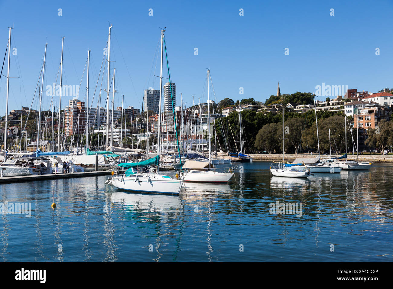 Views of Rushcutters Bay with yachts and apartments overlooking Sydney Harbour in the eastern suburbs of Sydney. Stock Photo