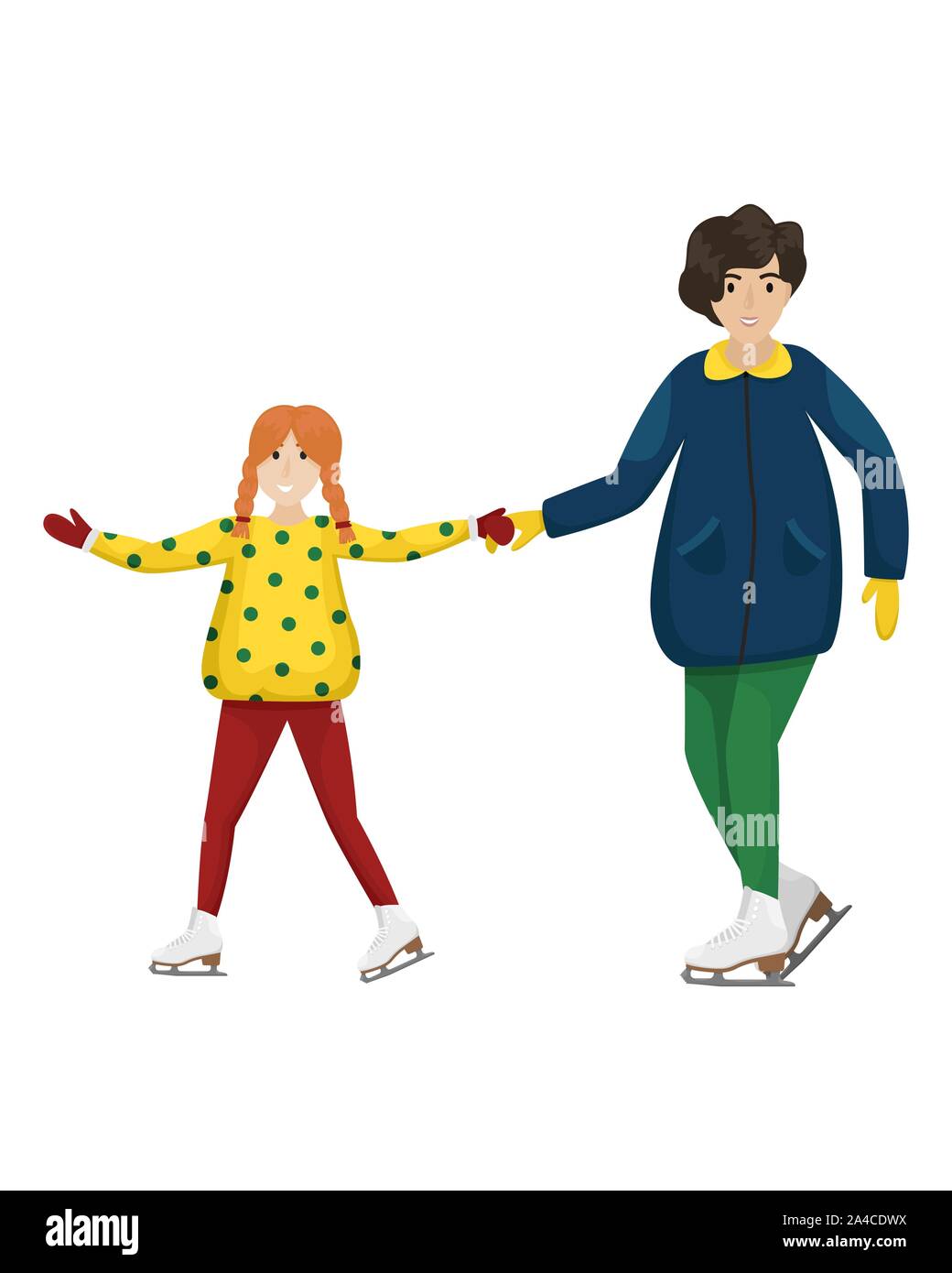 Mom and daughter in winter clothes and a hat go skating on the ice. Winter entertainment. Flat vector illustration. Stock Vector