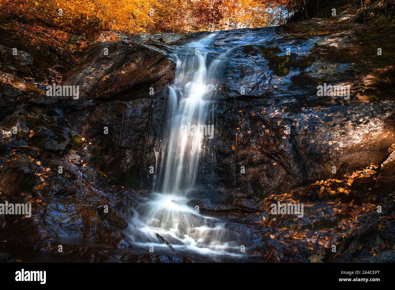 Fall landscape Long Exposure water fall in blue ridge parkway during sunset Stock Photo