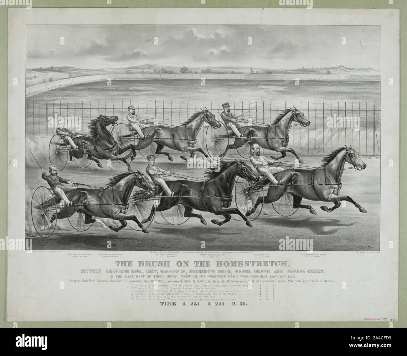 The brush on the homestretch: Between American girl, Lucy, Bashaw Jr., Goldsmith Maid, Rhode Island and George Wilkes. In the last  heat of their great trot on the prospect park fair grounds May 29th 1869 Stock Photo