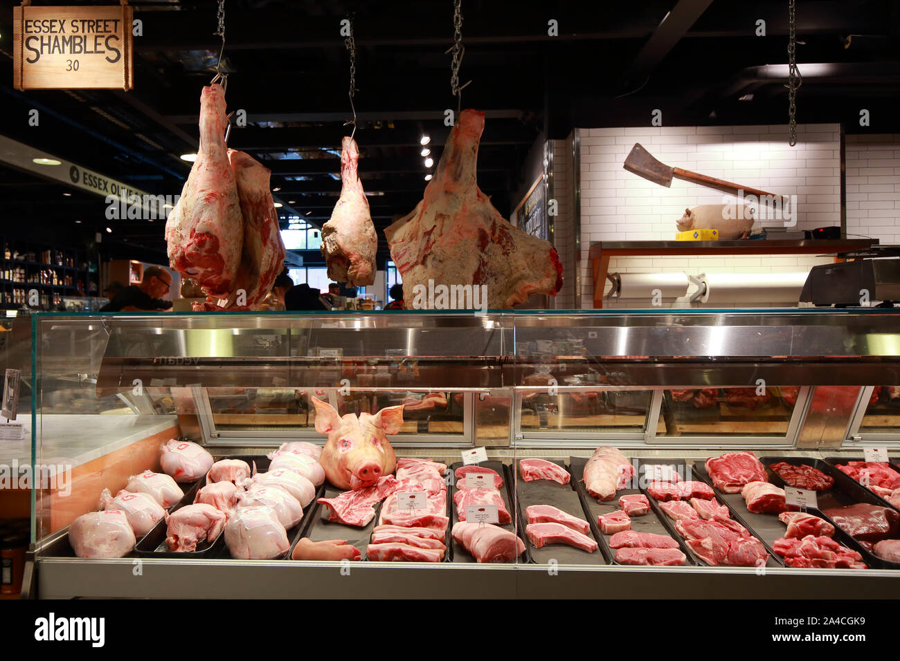 [historical storefront] The Essex Street Shambles butcher shop at the Essex Market in the Lower East Side. Stock Photo