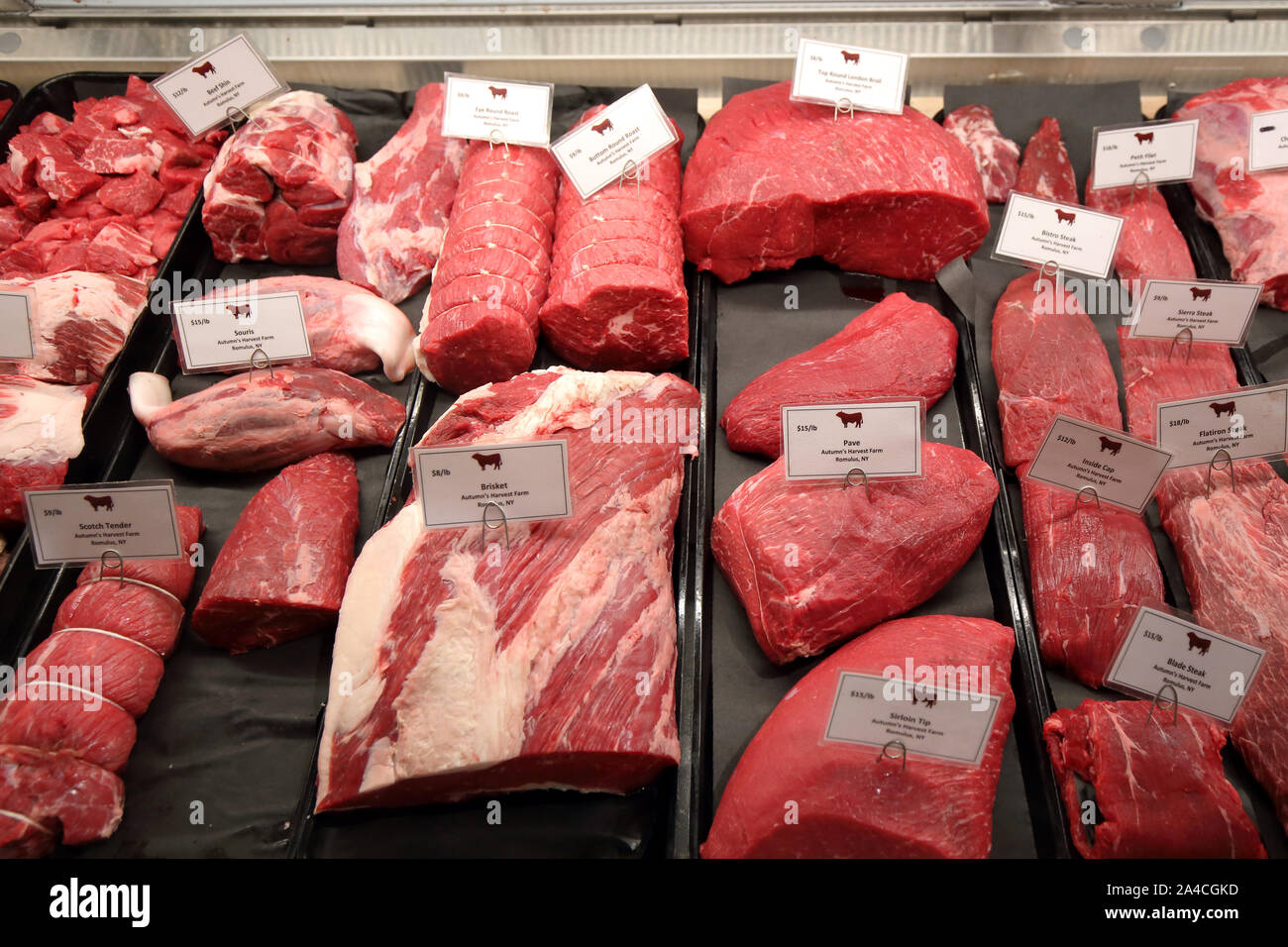 Cuts of beef on display at Essex Street Shambles Stock Photo