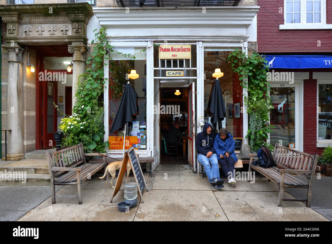 Cafe Panino Mucho Gusto, 551 Hudson Street, New York, NY. exterior storefront of an eatery in the West Village neighborhood of Manhattan. Stock Photo