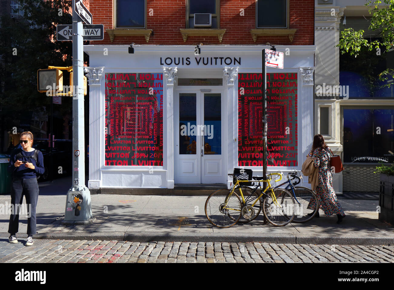 Louis Vuitton, 116 Greene Street, New York, NY. exterior storefront of a french luxury goods store in the SoHo neighborhood of Manhattan. Stock Photo