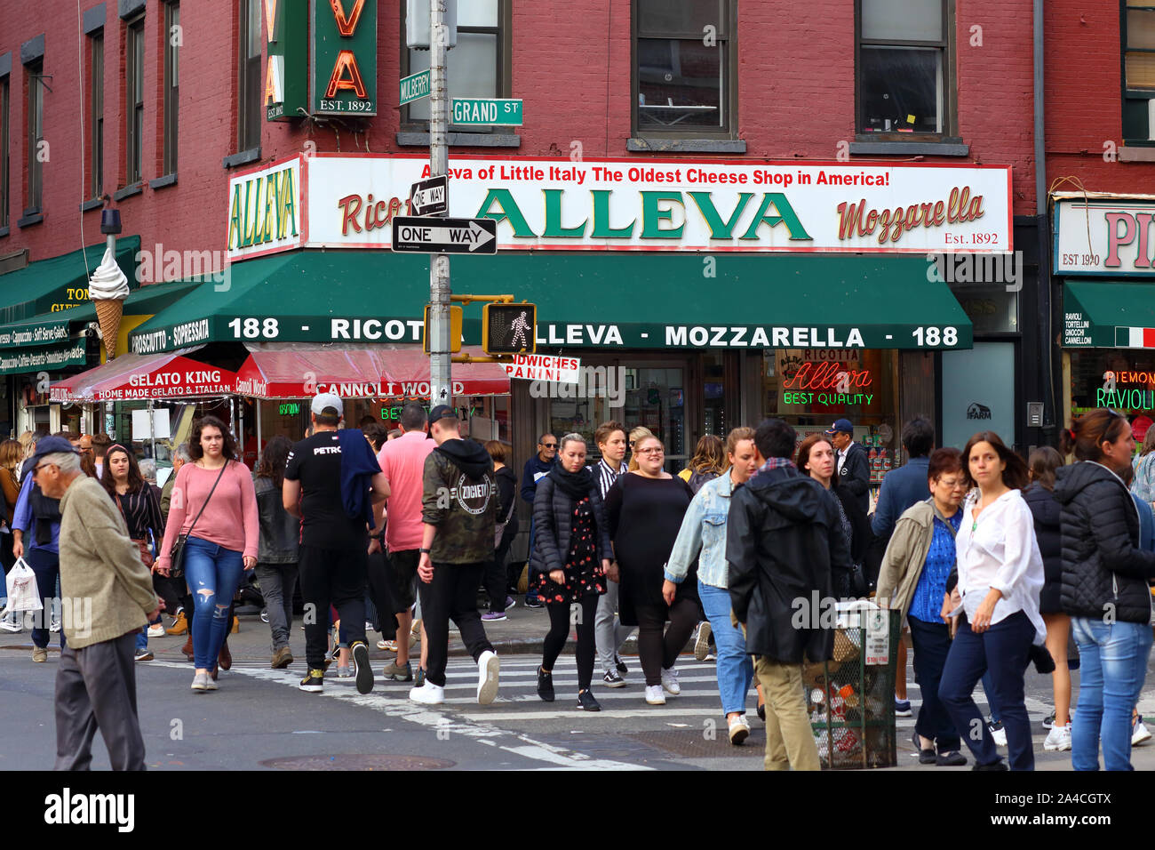 Alleva Dairy on the corner of Mulberry and Grand St's, Little Italy, Manhattan, New York, NY Stock Photo