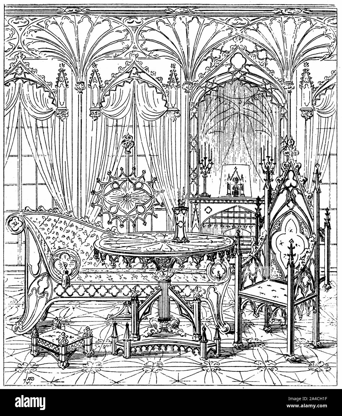 Engraving of the gothic style of decoration in furniture, wall coverings and interior decorating. Stock Photo