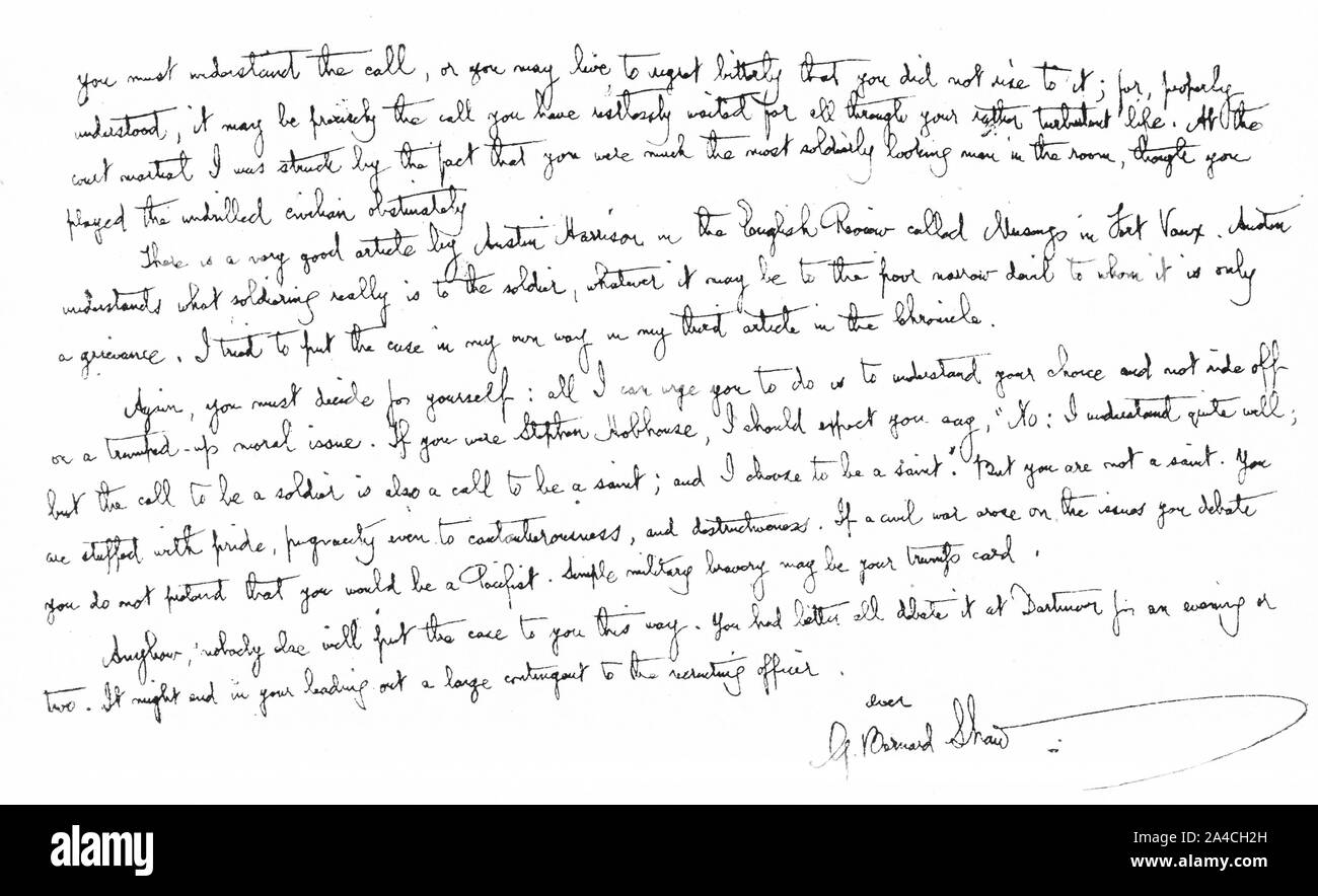 Facsmile of a letter written in longhand by George Bernard Shaw. Stock Photo