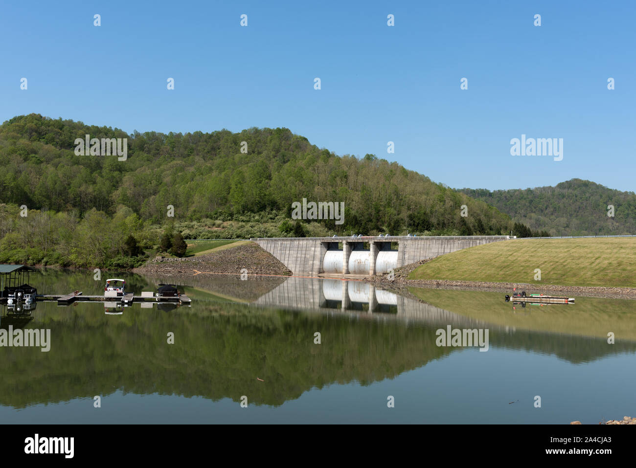 The dam, and a portion of a marina, at the Burnsville Dam and lake on