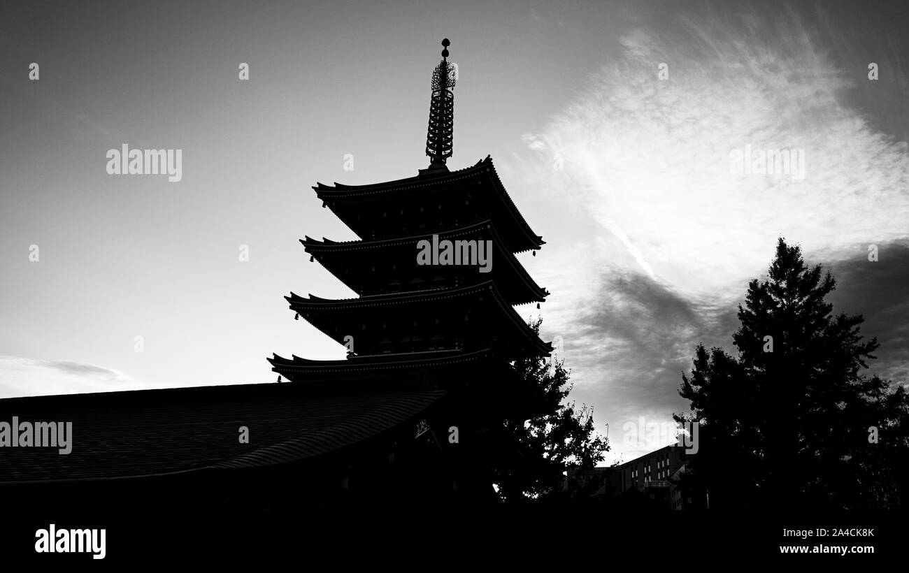 shadow Senso Ji temple pagoda tower culture architecture black white Stock Photo