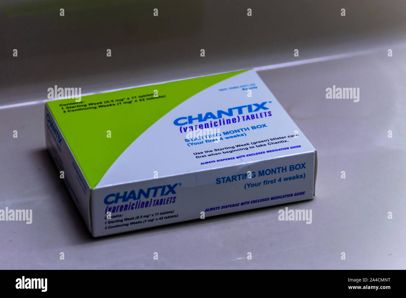 Chicago, USAOctober 9, 2019 A box of Chantix medication on a counter