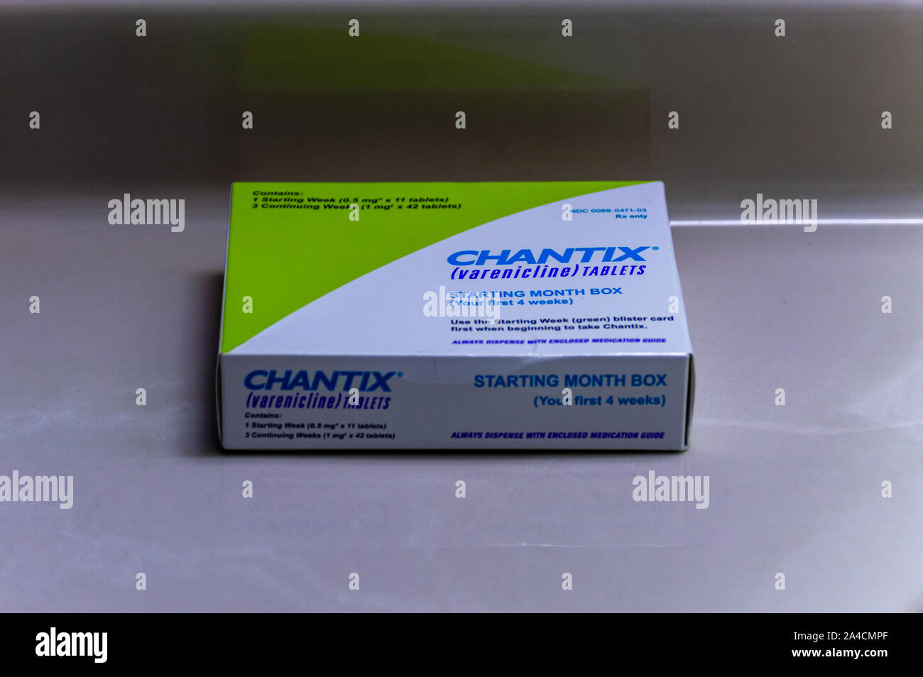 Chicago, USAOctober 9, 2019 A box of Chantix medication on a counter
