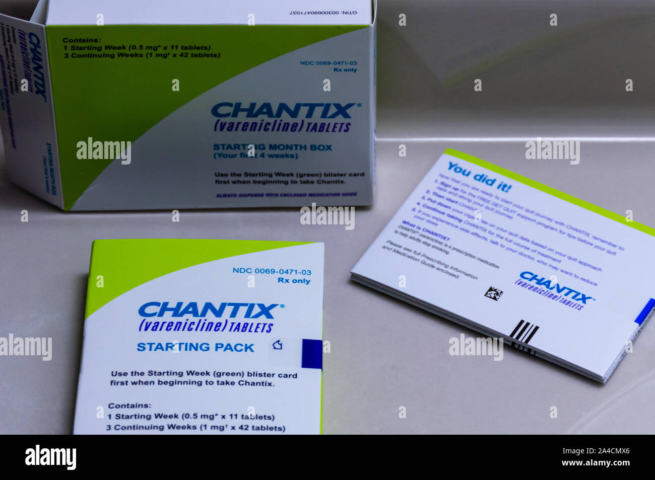 Chicago, USAOctober 9, 2019 A box of Chantix medication with guides