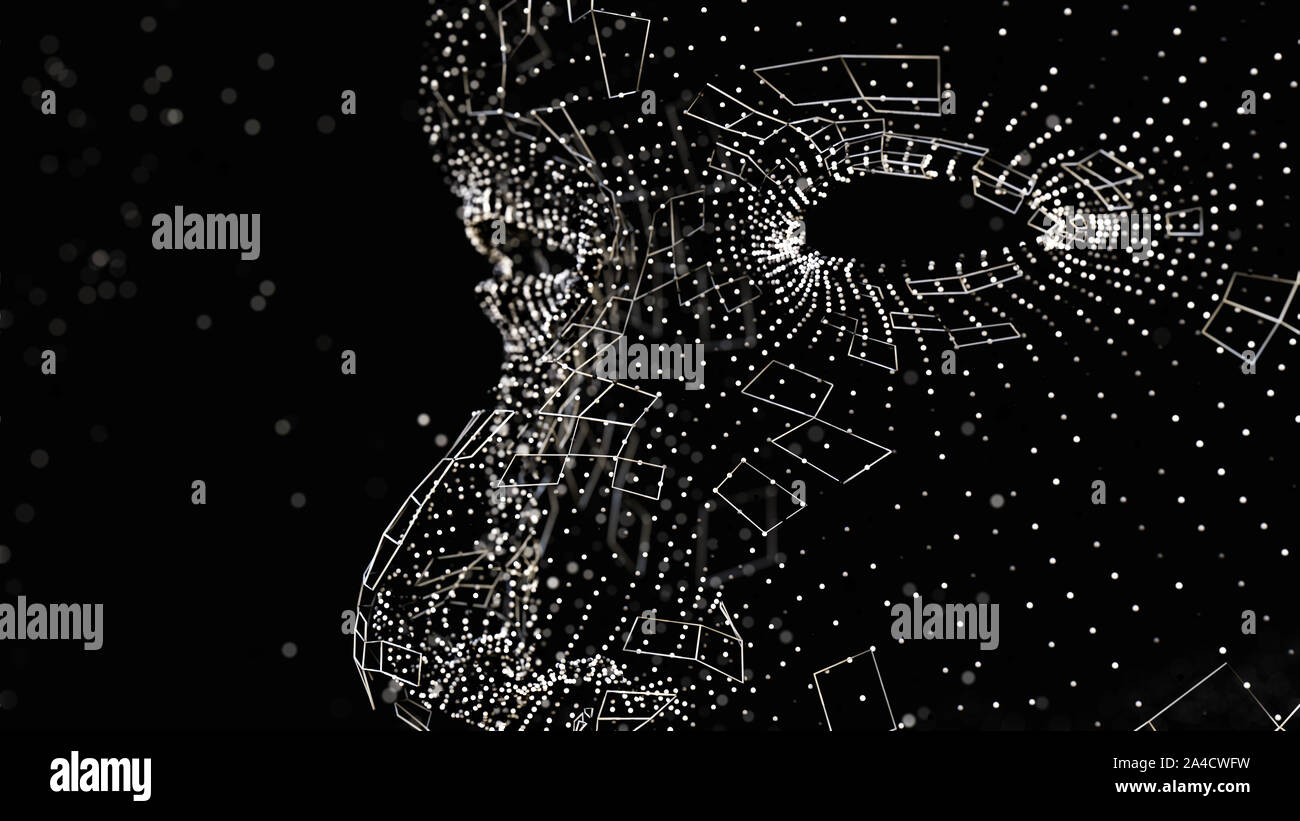 Human face consisting of luminous lines and dots. 3D illustration on a ...
