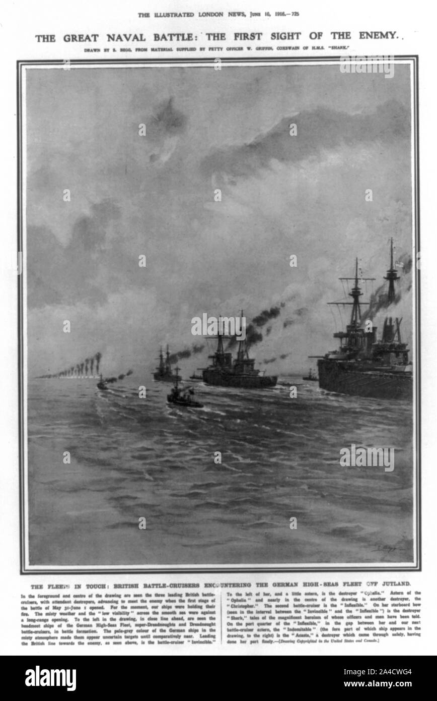 The great naval battle: the first sight of the enemy. The fleets in touch: British battle-cruisers encounterng the German high-seas fleet off Jutland Stock Photo