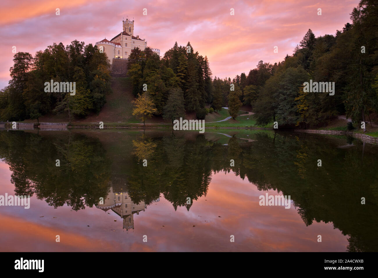 Famous castle Trakoscan at autumn dawn, Zagorje, Croatia Stock Photo