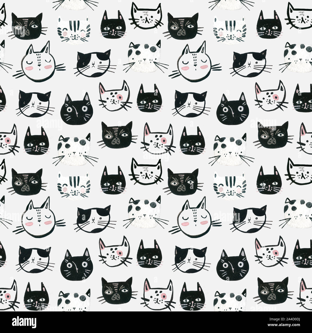 Watercolor cute cats faces seamless pattern. Sweet cat muzzles ...