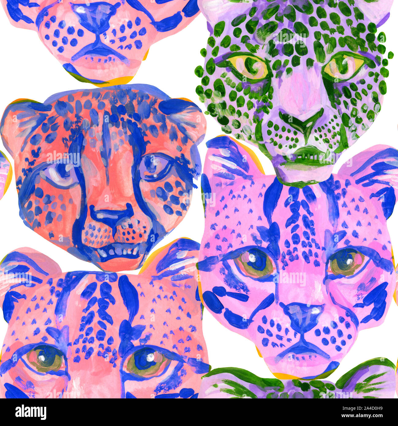 Watercolor animal print pattern. Cute leopard, cheetah, jaguar muzzles graphic background. Creative watercolor illustration with exotic wild animal in Stock Photo
