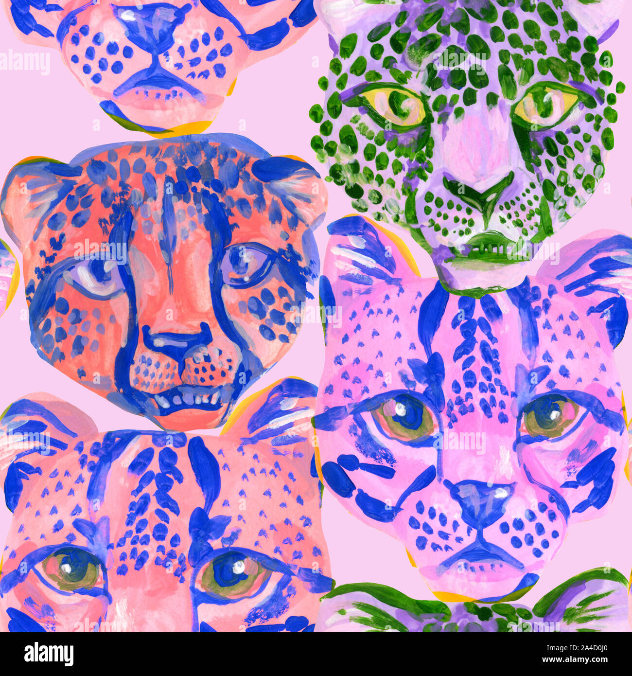 Watercolor animal print pattern. Cute leopard, cheetah, jaguar muzzles graphic background. Creative watercolor illustration with exotic wild animal in Stock Photo