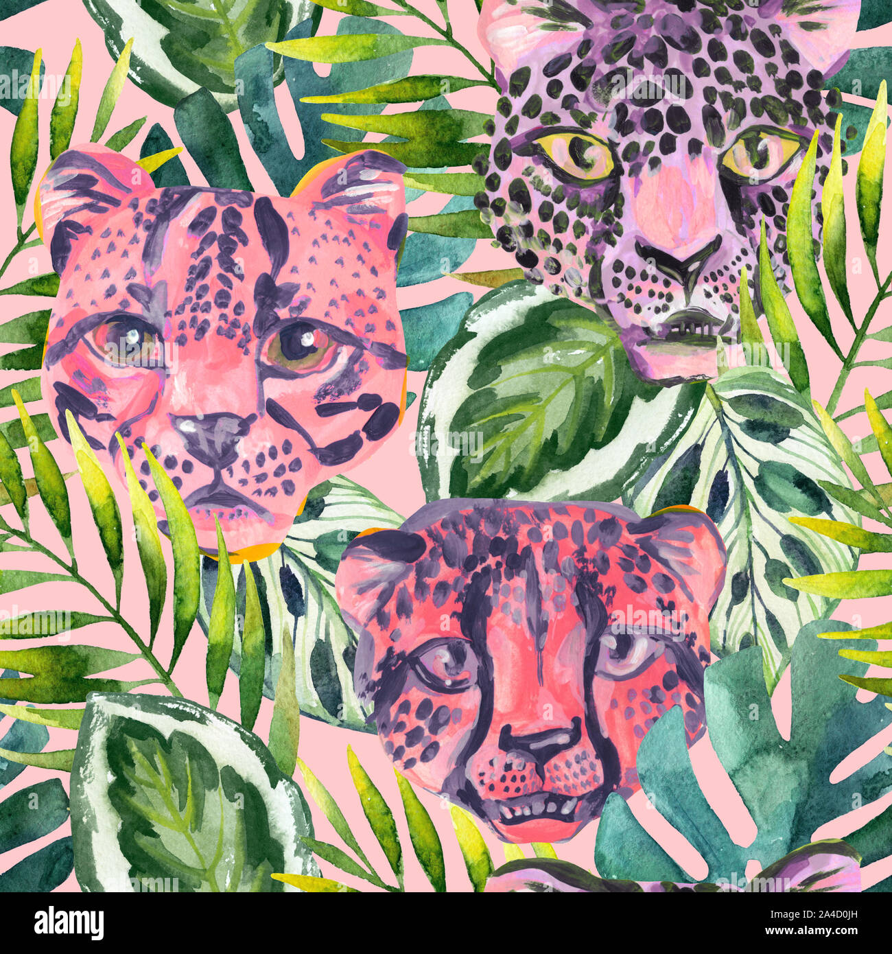 Cool trendy african animals seamless pattern. Watercolor animal print pattern with cute leopard, cheetah, jaguar muzzles in jungle. Summer nature grap Stock Photo