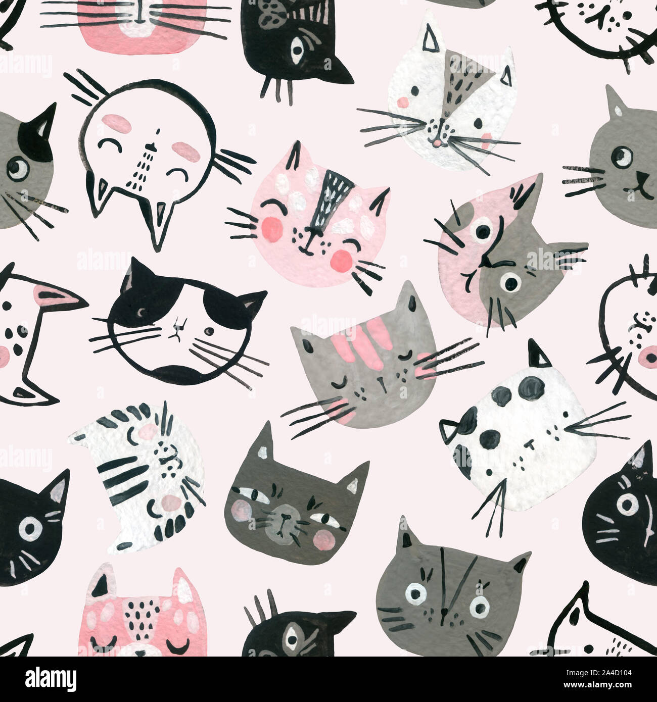 Cartoon watercolor cats seamless pattern in pastel colors. Cute kitten ...