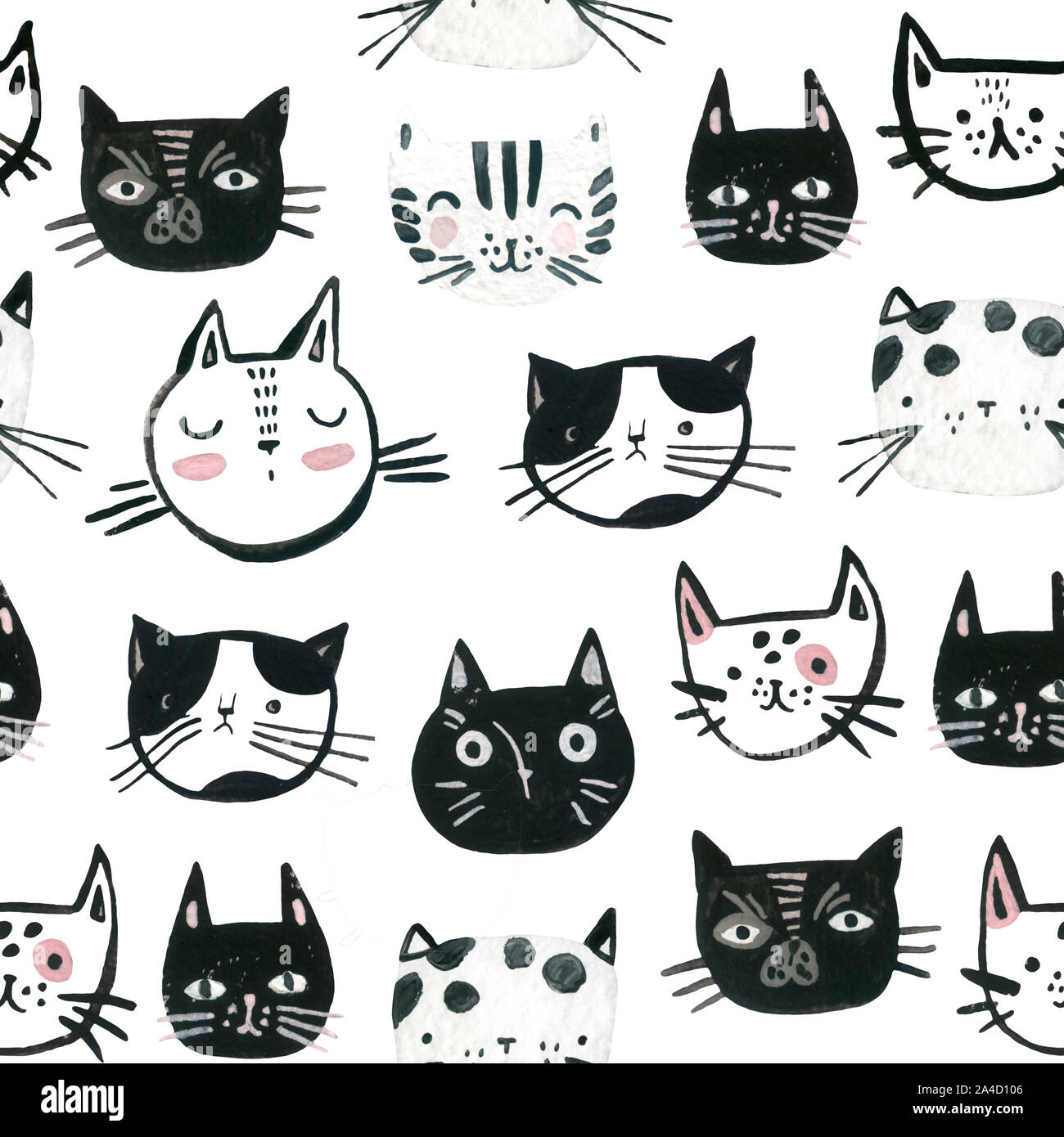 Watercolor cute cats faces seamless pattern. Sweet cat muzzles black and white background ...