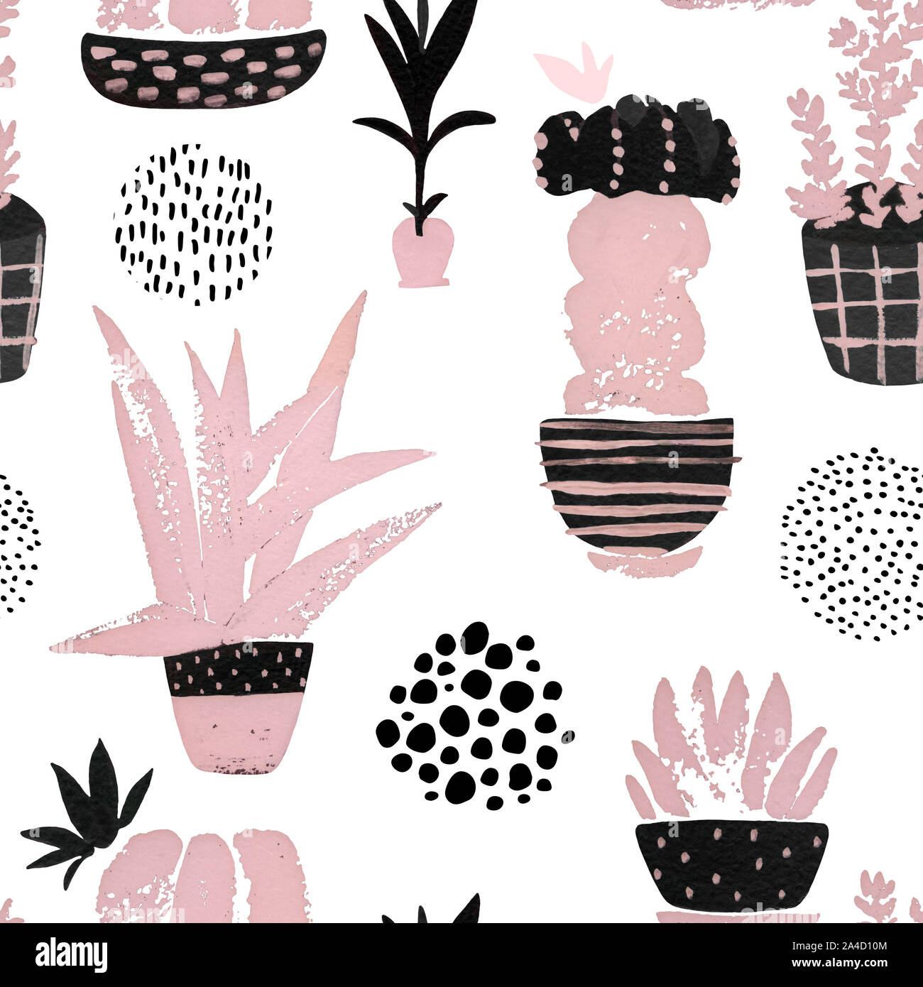 Graphic seamless pattern with cute cacti in ornated pots. Hand painted ...