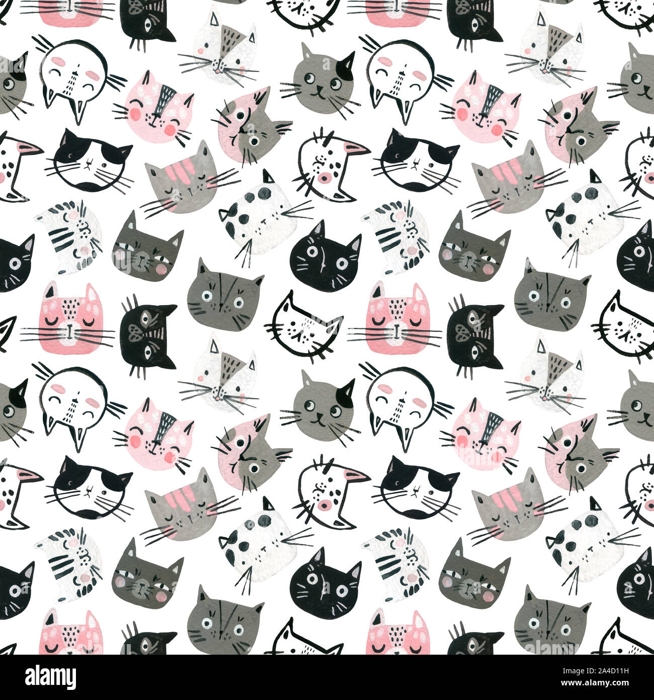 Cartoon watercolor cats seamless pattern in pastel colors. Cute kitten