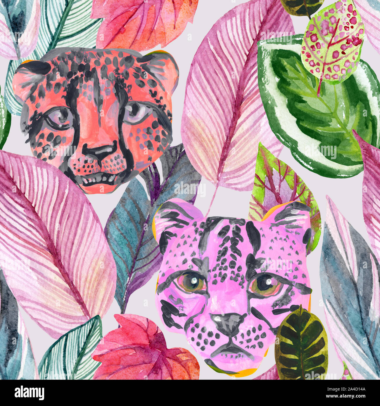Bright watercolor tropical botanical illustration with colorful leaves and wild animal heads. Water color exotic jungle seamless pattern for summer de Stock Photo