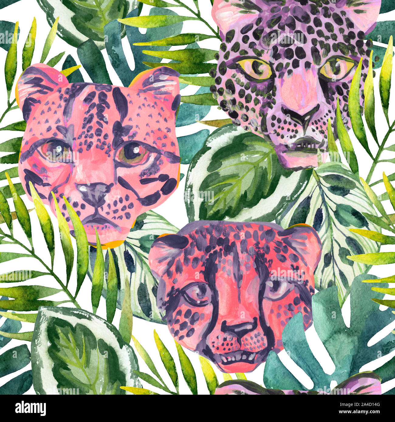 Cool trendy african animals seamless pattern. Watercolor animal print  pattern with cute leopard, cheetah, jaguar muzzles in jungle. Summer nature  grap Stock Photo - Alamy