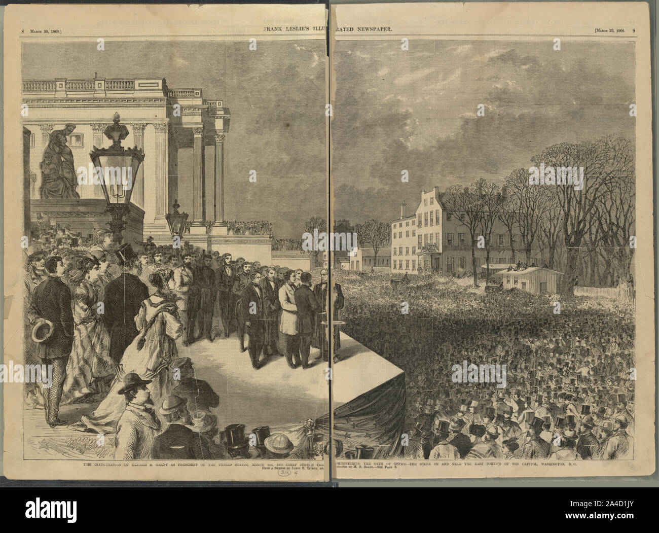 The inauguration of Ulysses S. Grant as president of the United States, March 4th, 1869 - Chief Justice Chase administering the oath of office - the scene on and near the east portico of the Capitol, Washington, D.C. / HWS [monogram]. Stock Photo