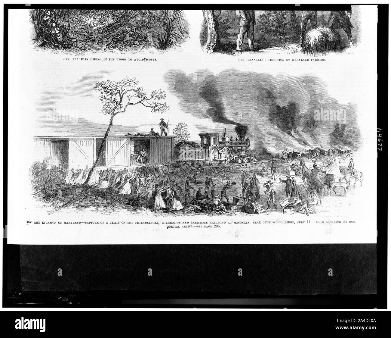 The invasion of Maryland--capture of a train on the Philadelphia, Wilmington and Baltimore Railroad at Magnolia, near Gunpowderb [sic] Ridge, July 11 / from a sketch by our special artist. Stock Photo