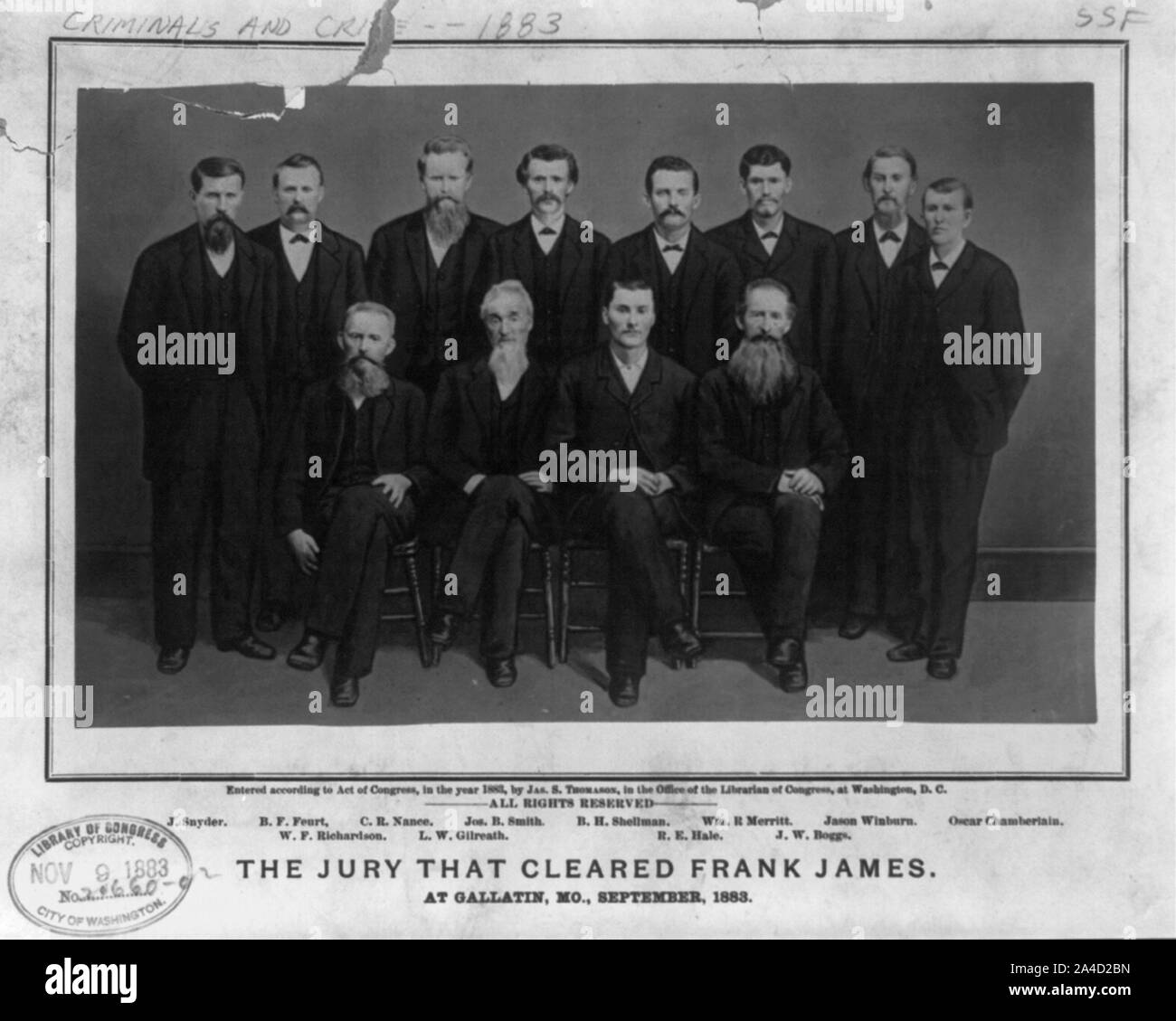The jury that cleared Frank James, at Gallatin, Mo., September 1883: J. Snyder, B.F. Feurt, C.R. Nance, Jos. B. Smith, B.H. Shellman, William R. Merritt, Jason Winburn, Oscar Chamberlain, W.F. Richardson, L.W. Gilreath, R.E. Hale and J.W. Boggs posed Stock Photo