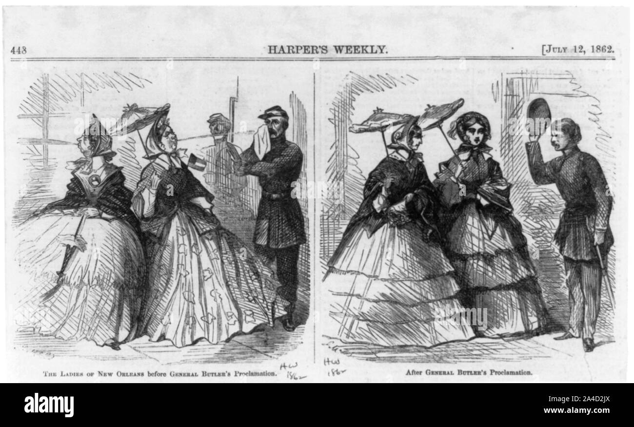 The ladies of New Orleans before Gen. Butler's Proclamation [2 ugly women spitting in face of Union officer] Stock Photo