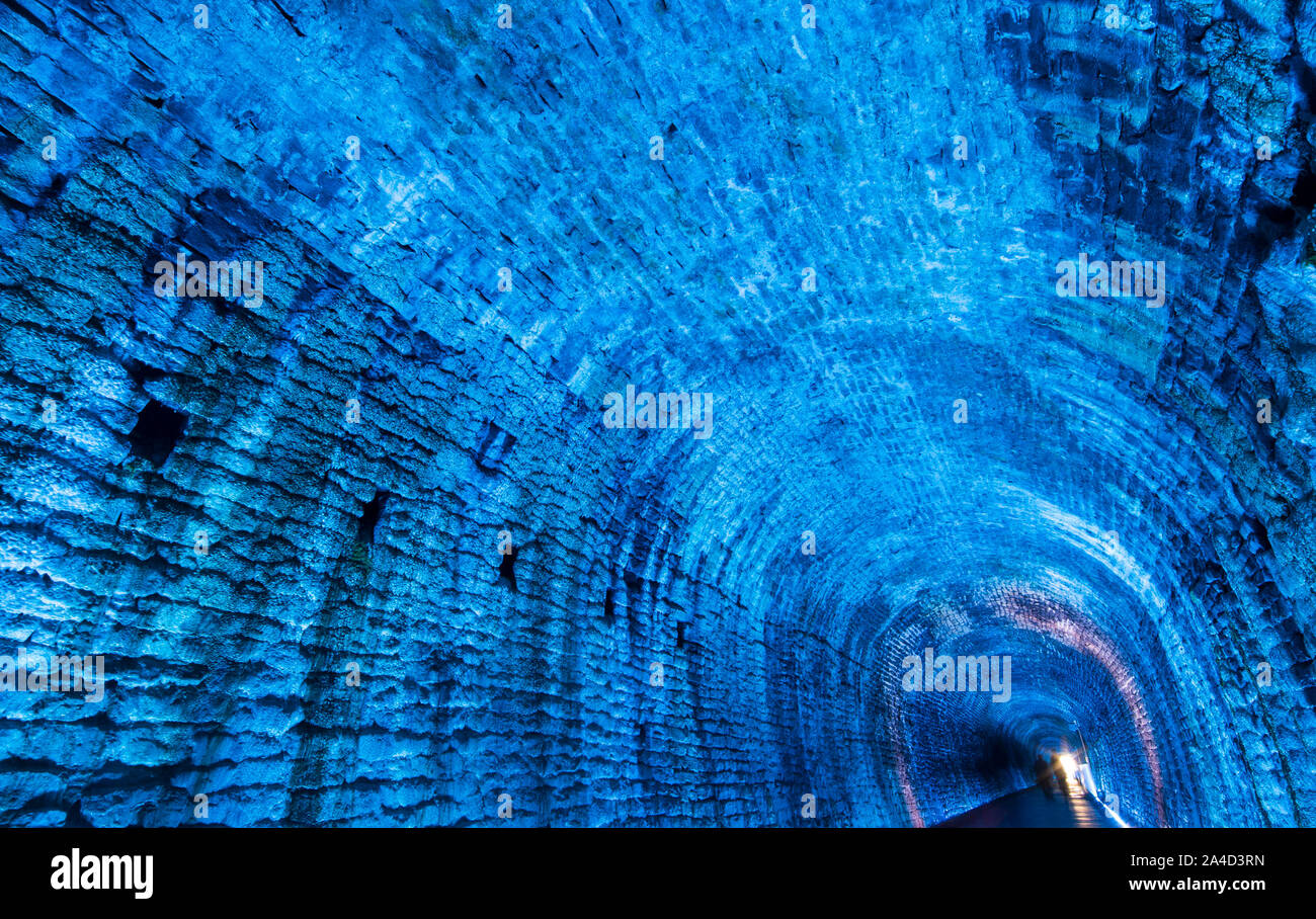 Brockville, Canada. 13th Oct, 2019. The Brockville Railway Tunnel is seen with lights in Brockville, Ontario, Canada, Oct. 13, 2019. Featuring a modern LED colored light system, this Canadian first railway tunnel has opened to the public as a trail since 2017. Credit: Zou Zheng/Xinhua/Alamy Live News Stock Photo