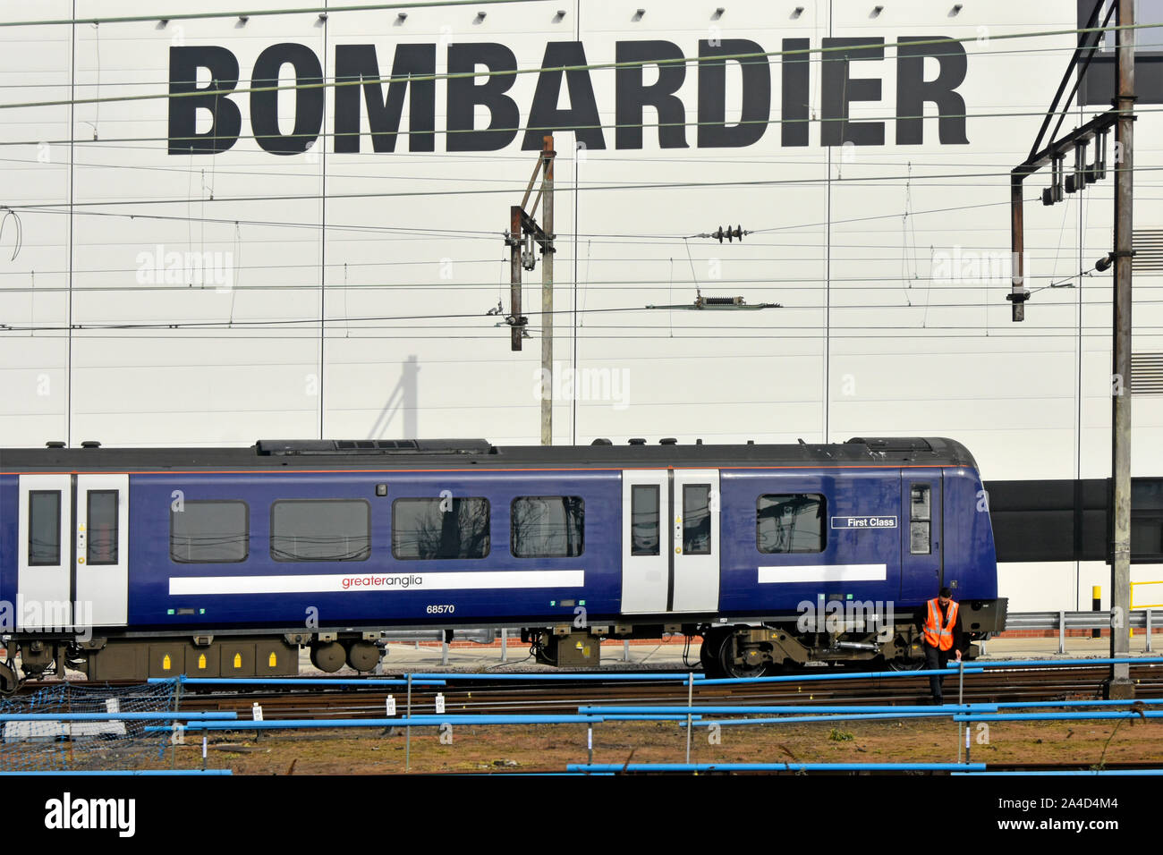 Bombardier sign on one of the new sheds at Ilford EMU Depot for train & carriage maintenance work on rolling stock for amongst others  Greater Anglia Stock Photo