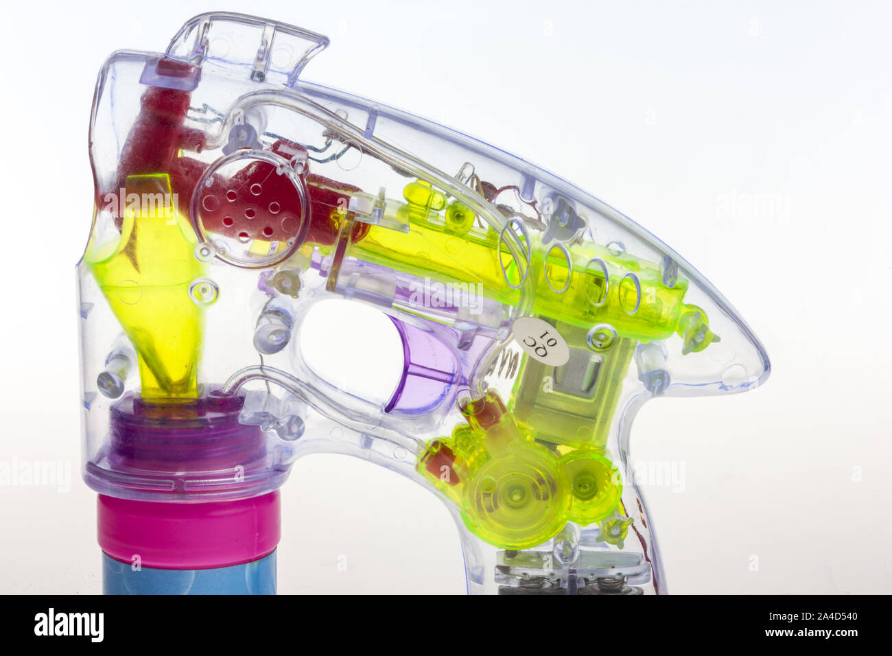 Soap bubble gun, generates air flow and automatically shoots soap bubbles, transparent, Stock Photo