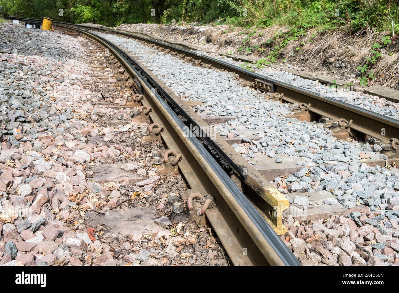 Check rail on the transition curve of a single line railway track, Hope, Derbyshire, England, UK Stock Photo