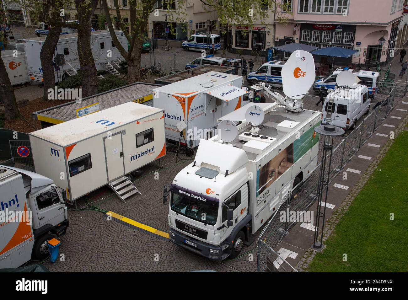 Media area for broadcast vehicles of TV and radio stations, during the protests against the AFD party conference in Cologne, satellite antenna, Stock Photo