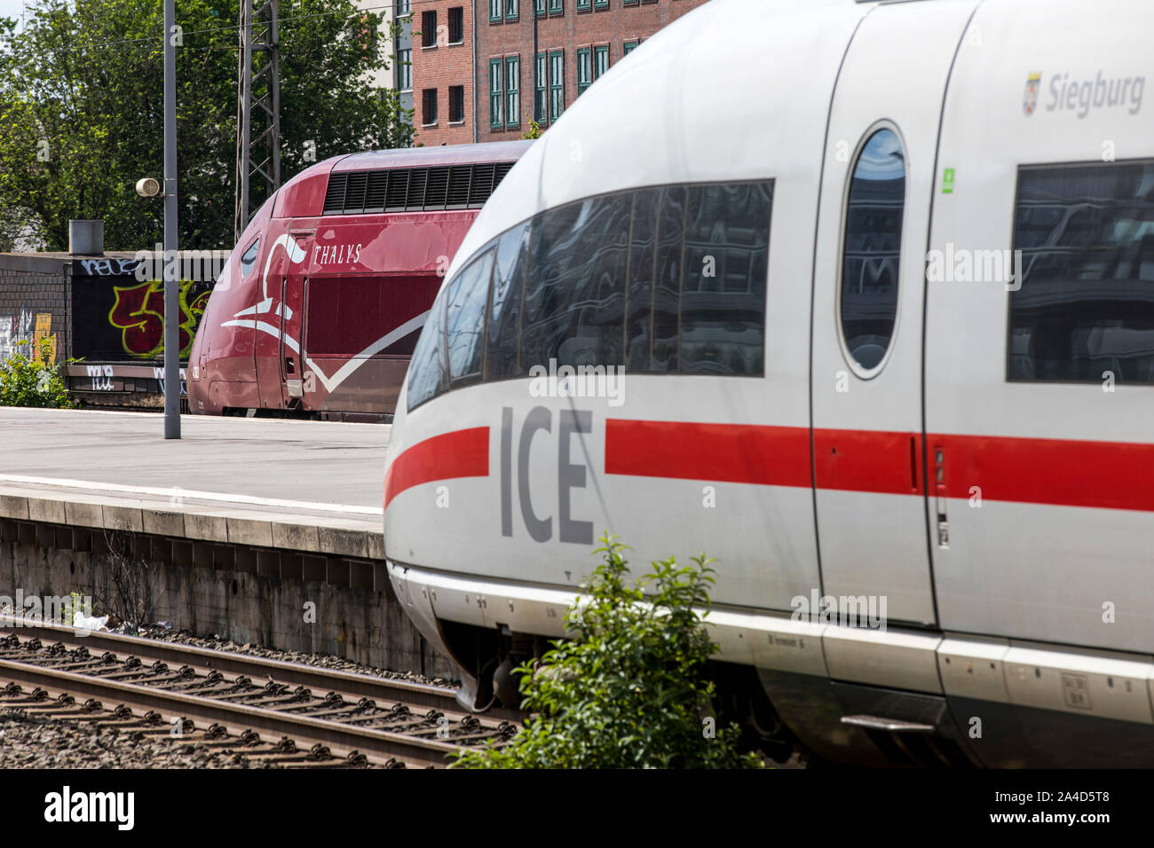 Express trains, ICE train and the French Thalys train at Essen main station, Germany, Stock Photo