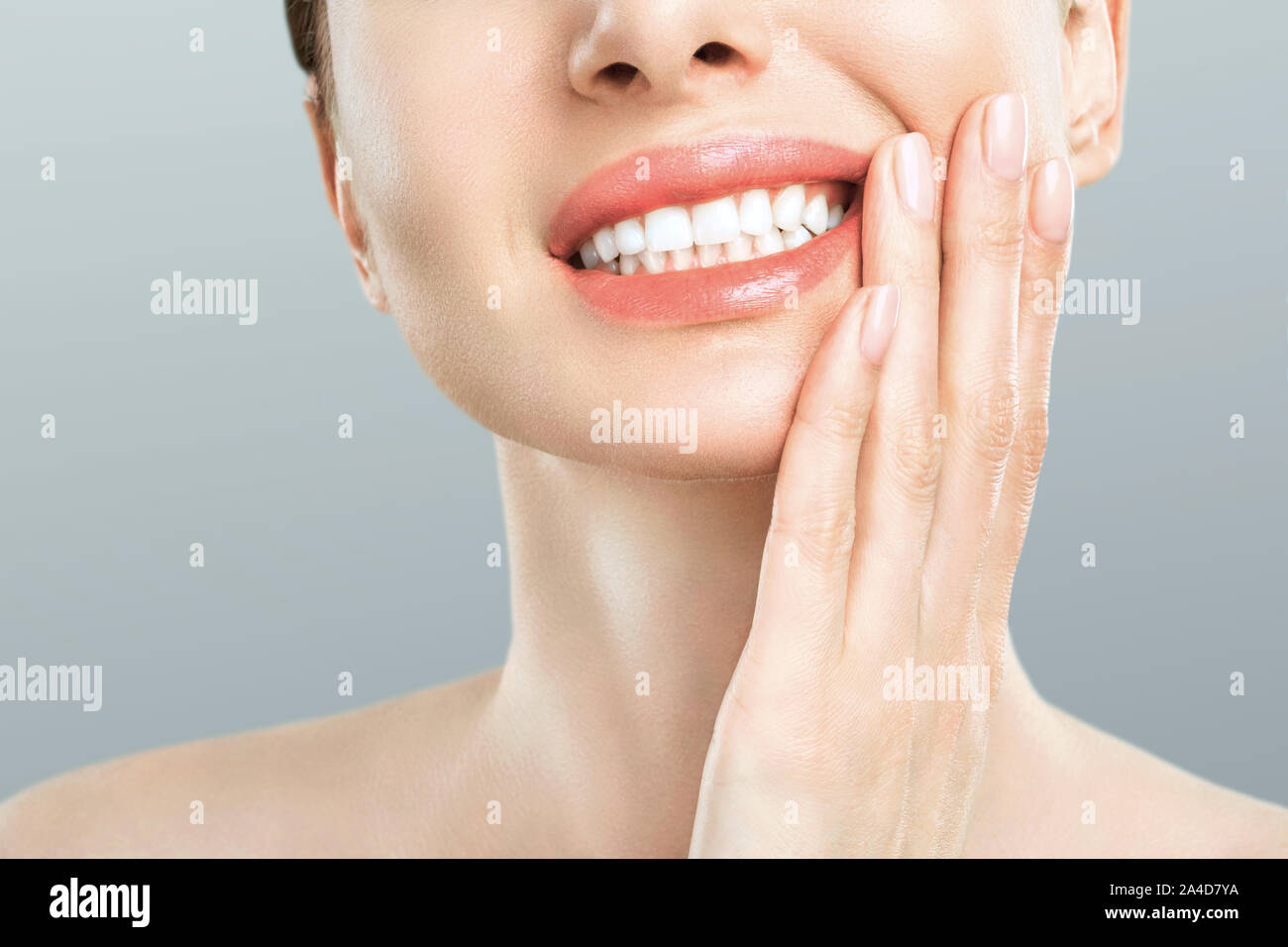 Tooth Pain And Dentistry. Young Woman Suffering From Strong Teeth Pain, Touching Cheek With Hand. Female Feeling Painful Toothache. Dentistry Care Stock Photo