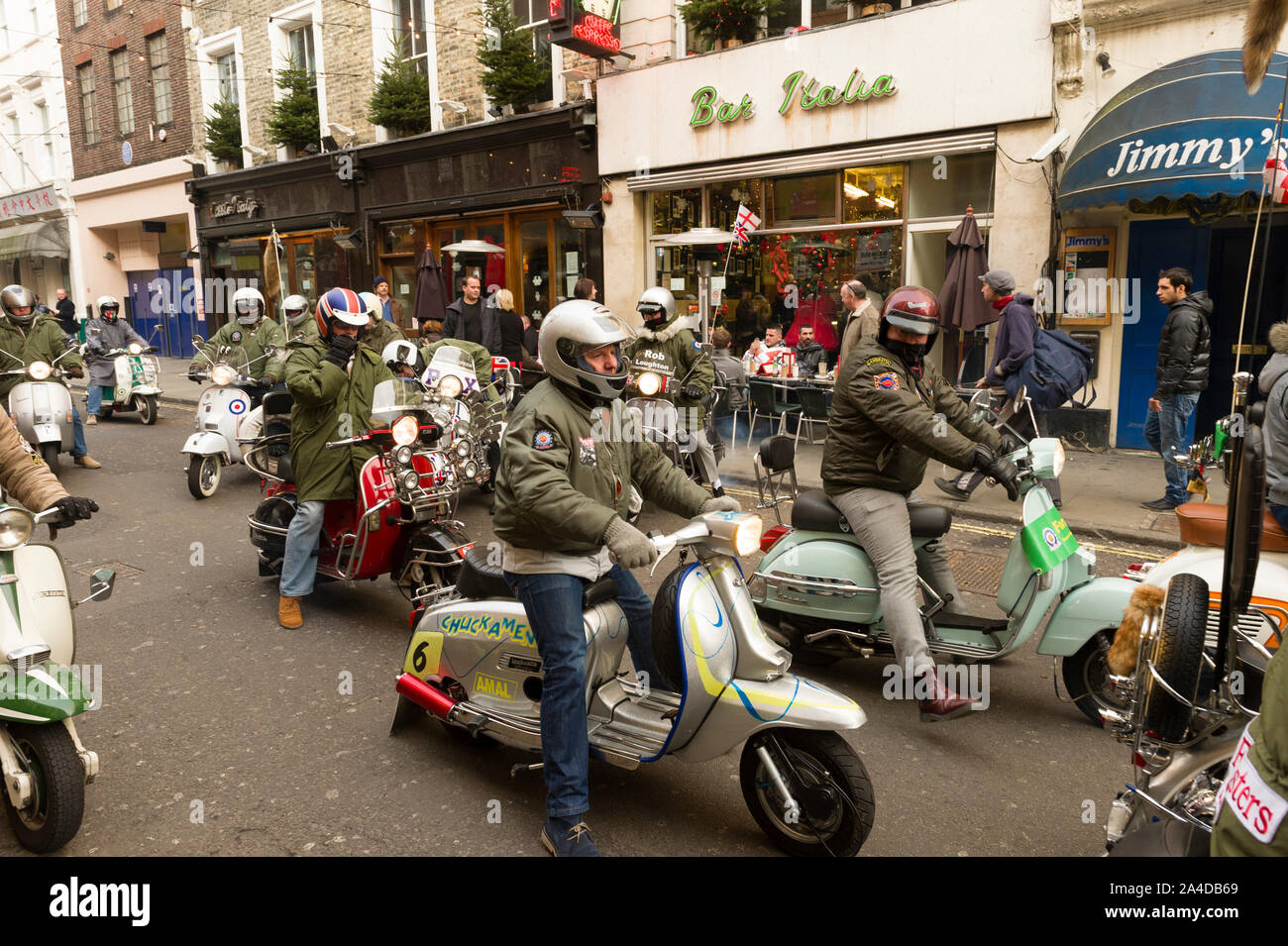 Members of the Foresters  Scooter  Club, outside Bar Italia, Frith Street, Soho, London, Britain Stock Photo