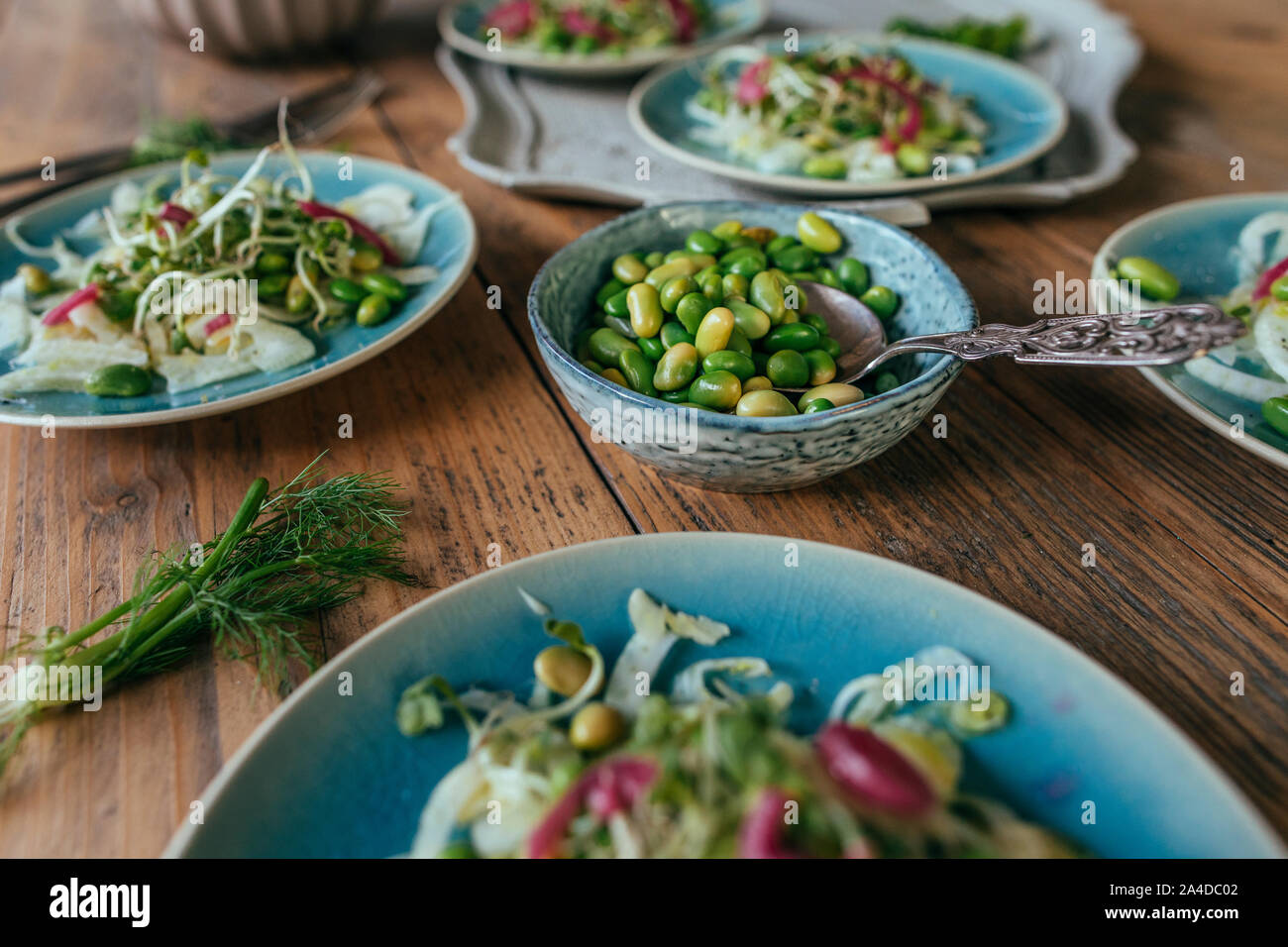 Radish salads with red onion, edamame beans and bean sprouts Stock Photo